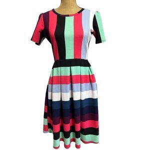 Lularoe Amelia Unicorn Colorful Stripes Color Block Size M Rare Pleated Pockets